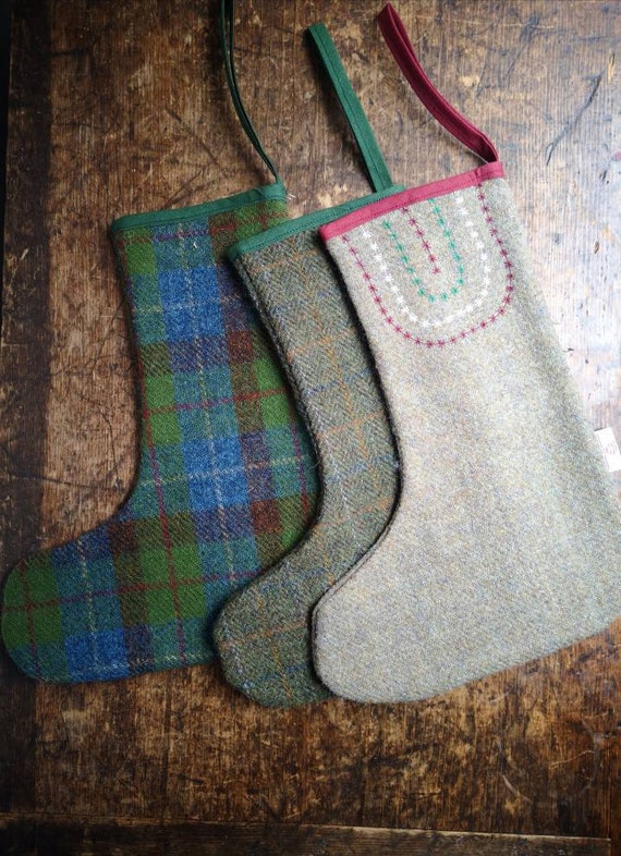 Hand Crafted Harris Tweed Christmas stocking with embroidery