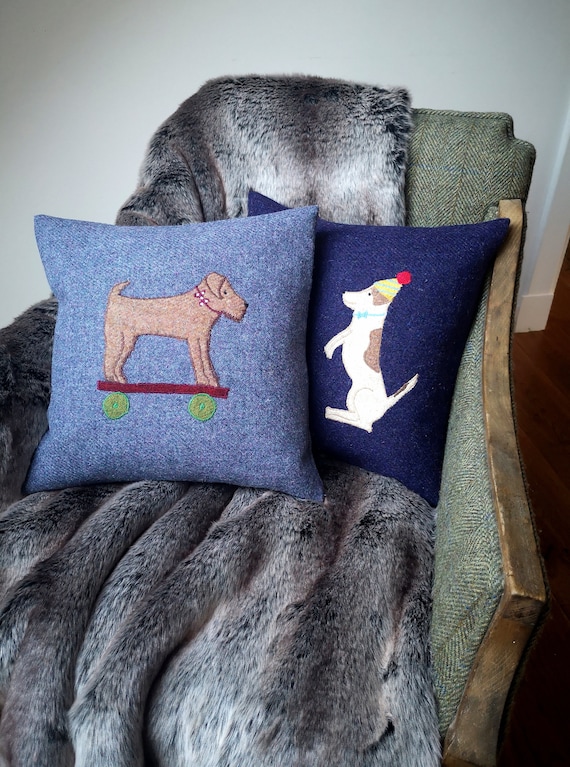 Harris Tweed dog embroidered Christmas cushion cover