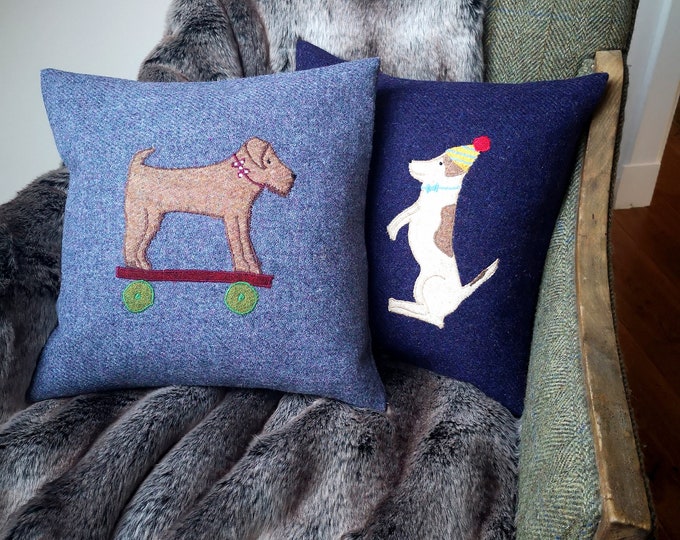 Harris Tweed dog embroidered Christmas cushion cover