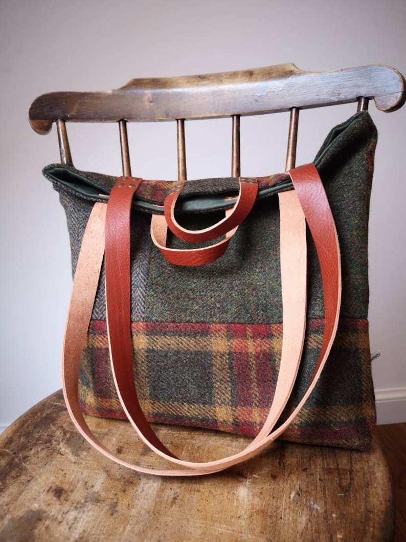 Hand Crafted Harris Tweed tote bag with real leather handles