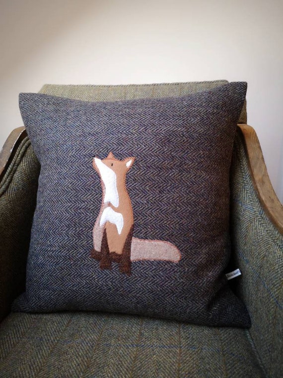 Big Hand Crafted Harris Tweed fox embroidered cushion cover