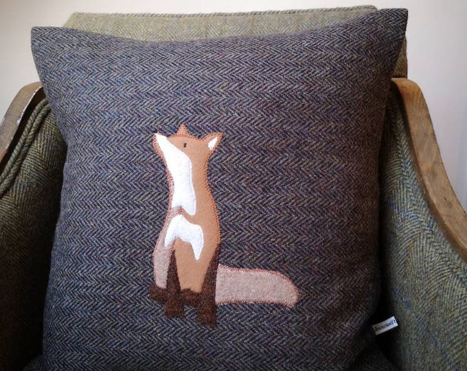 Big Hand Crafted Harris Tweed fox embroidered cushion cover