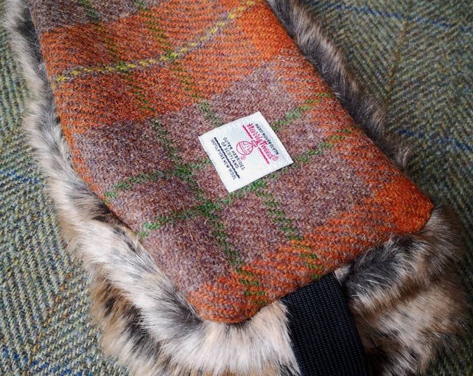 Burnt orange check Harris Tweed and faux fur head band ear warmers