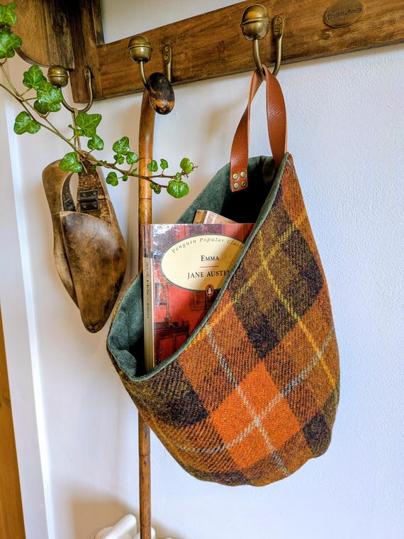 Hand Crafted Harris Tweed storage solution, basket with real leather handle