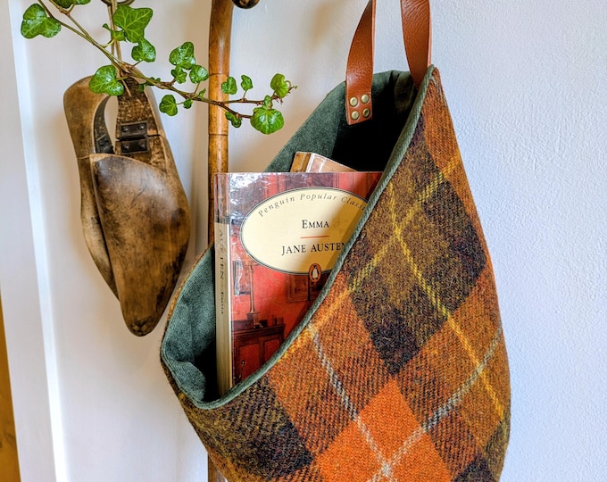 Hand Crafted Harris Tweed storage solution, basket with real leather handle