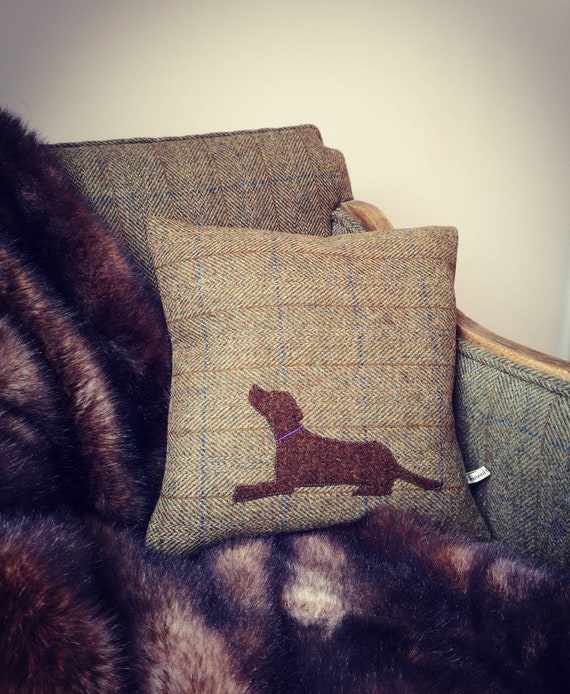 Hand Crafted Harris Tweed brown lab embroidered cushion cover