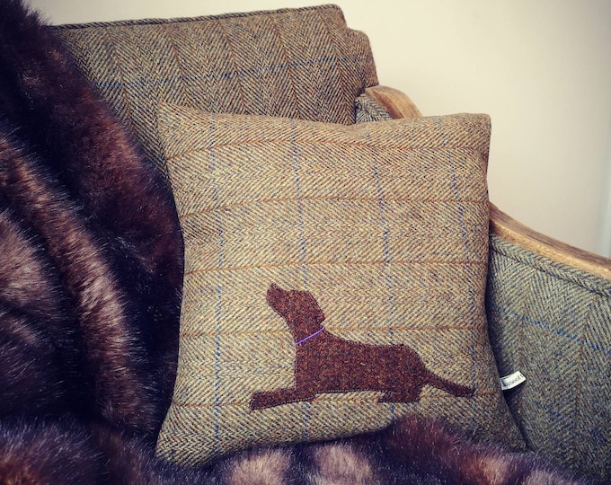 Hand Crafted Harris Tweed brown lab embroidered cushion cover