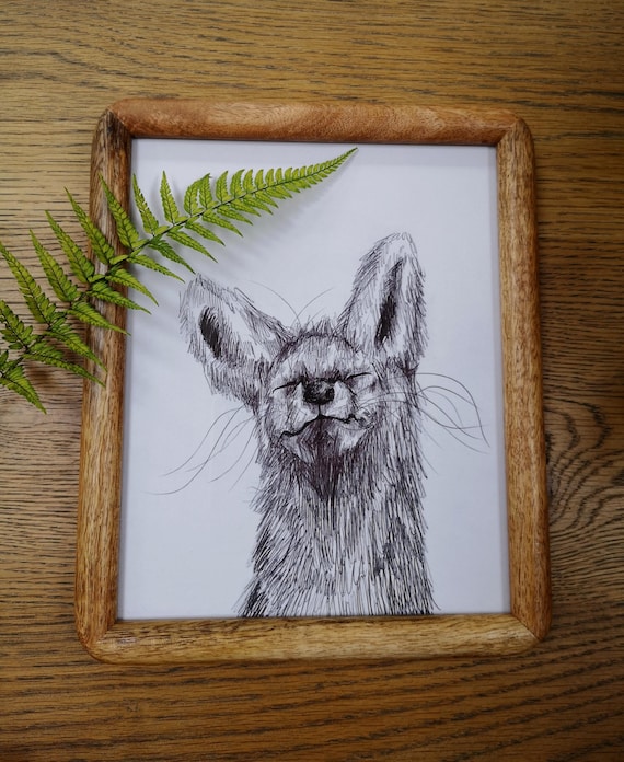Hand drawn black and white original fox drawing in real wood frame