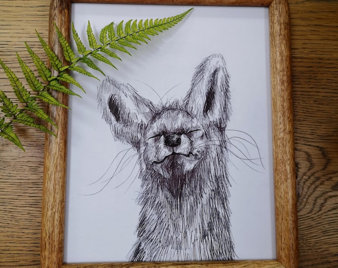 Hand drawn black and white original fox drawing in real wood frame