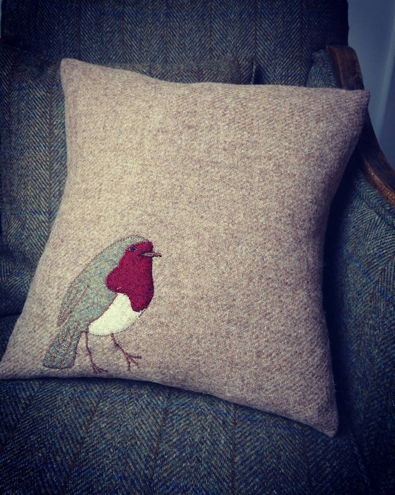 Hand Crafted Harris Tweed Robin embroidered Cushion Cover