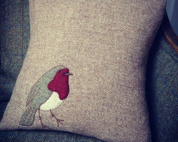 Hand Crafted Harris Tweed Robin embroidered Cushion Cover