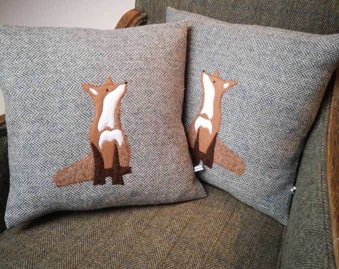 Harris Tweed fox embroidered cushion cover
