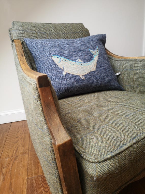 New Harris Tweed salmon fish embroidered Cushion cover