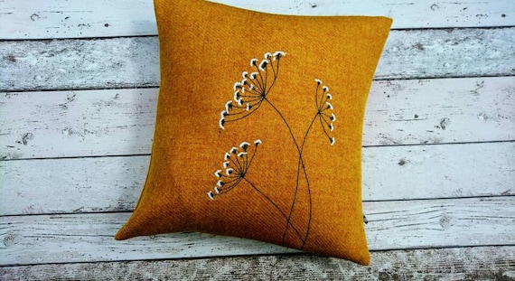 Harris Tweed floral embroidered cushion cover