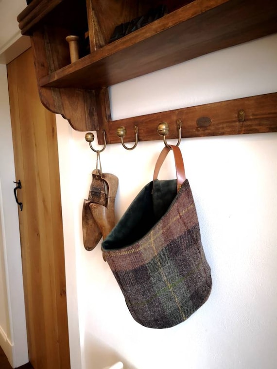 Hand Crafted Harris Tweed storage solution, basket with real leather handle
