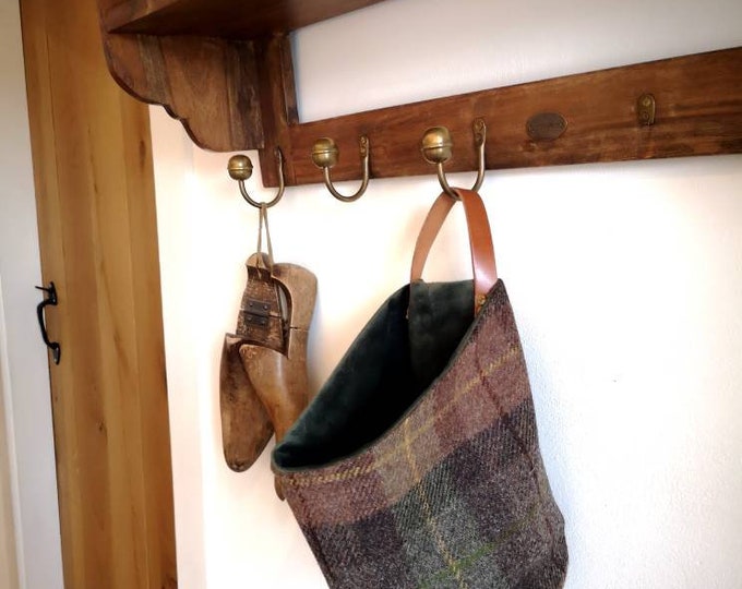 Hand Crafted Harris Tweed storage solution, basket with real leather handle