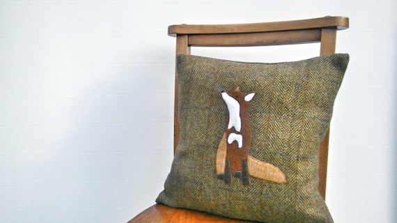 Hand Crafted Harris Tweed fox embroidered cushion cover