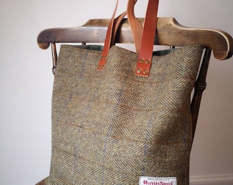 Hand Crafted Harris Tweed tote bag with real leather handles