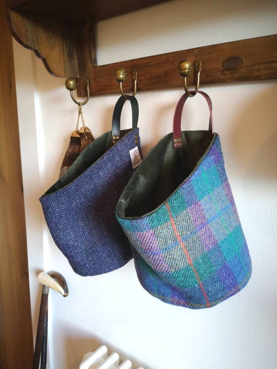 Hand Crafted Harris Tweed storage solution, basket with real leather handle