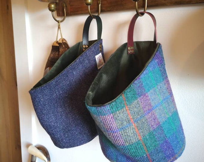 Hand Crafted Harris Tweed storage solution, basket with real leather handle