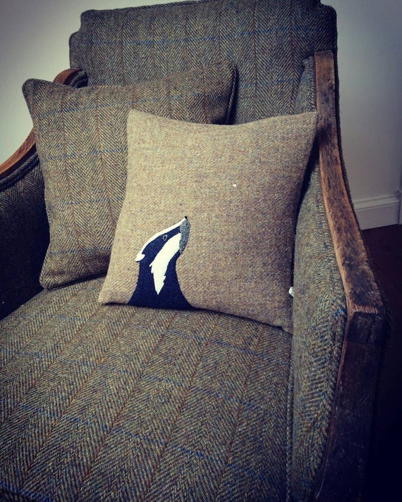 Hand Crafted Harris Tweed Badger embroidered Cushion cover