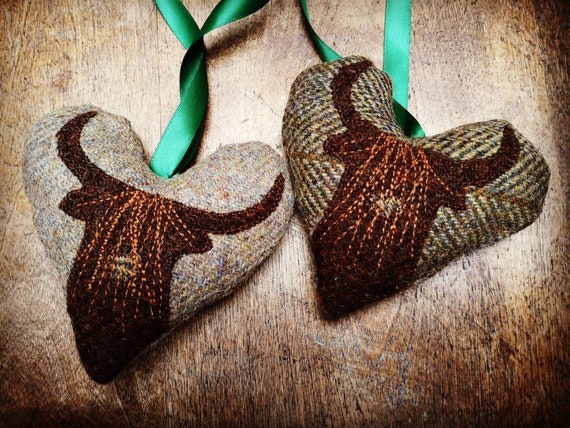 Hand crafted Harris Tweed Highland cow embroidered hanging heart decoration
