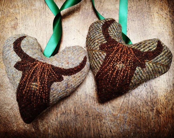 Hand crafted Harris Tweed Highland cow embroidered hanging heart decoration