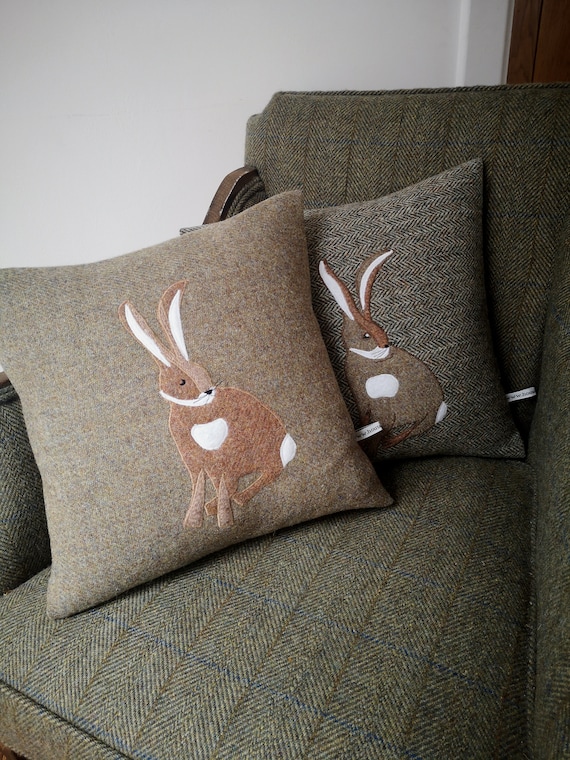 Harris Tweed Hare embroidered Cushion Cover