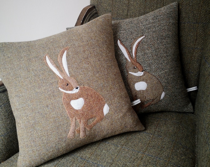 Harris Tweed Hare embroidered Cushion Cover