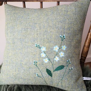 Hand Crafted Harris Tweed floral embroidered cushion cover in light green