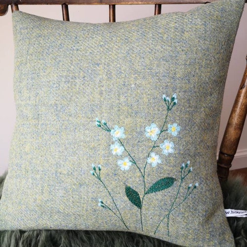 Hand Crafted Harris Tweed floral embroidered cushion cover in light green