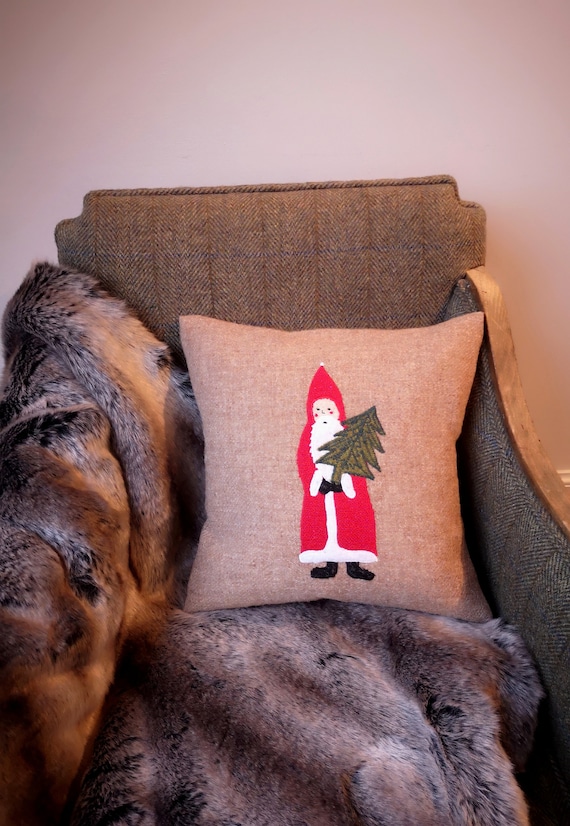 Harris Tweed Santa embroidered Christmas cushion cover