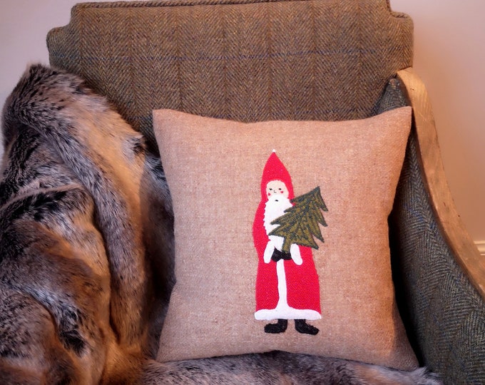 Harris Tweed Santa embroidered Christmas cushion cover