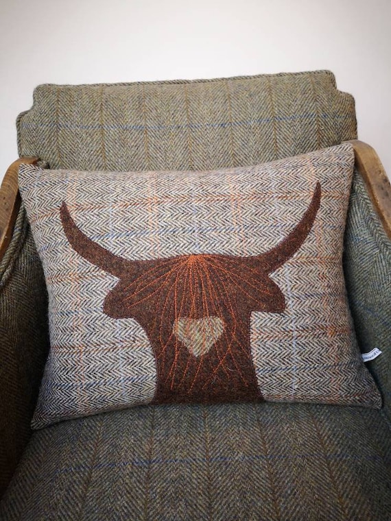 Hand Crafted Harris Tweed Highland Cow embroidered Cushion cover