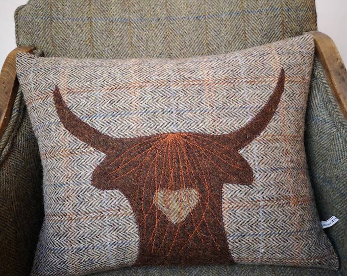 Hand Crafted Harris Tweed Highland Cow embroidered Cushion cover