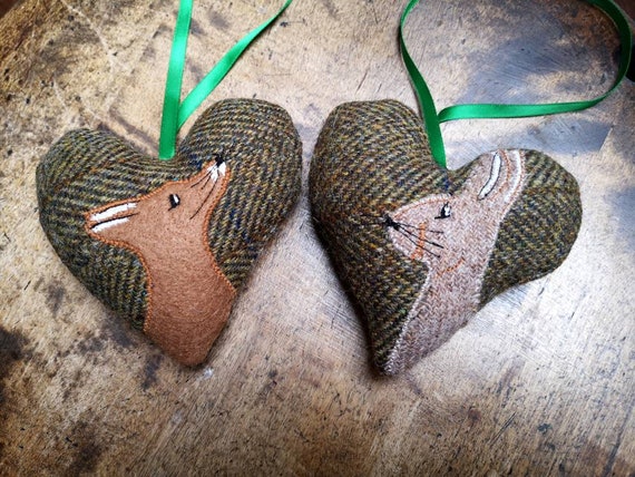Hand crafted Harris Tweed animal design embroidered hanging heart decoration