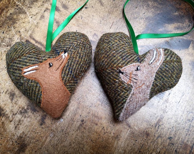 Hand crafted Harris Tweed animal design embroidered hanging heart decoration