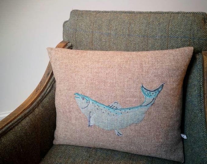 Harris Tweed salmon fish embroidered Cushion cover