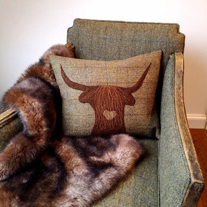 Hand Crafted Harris Tweed Highland Cow embroidered Cushion cover