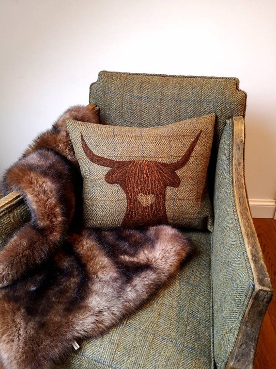 Hand Crafted Harris Tweed Highland Cow embroidered Cushion cover