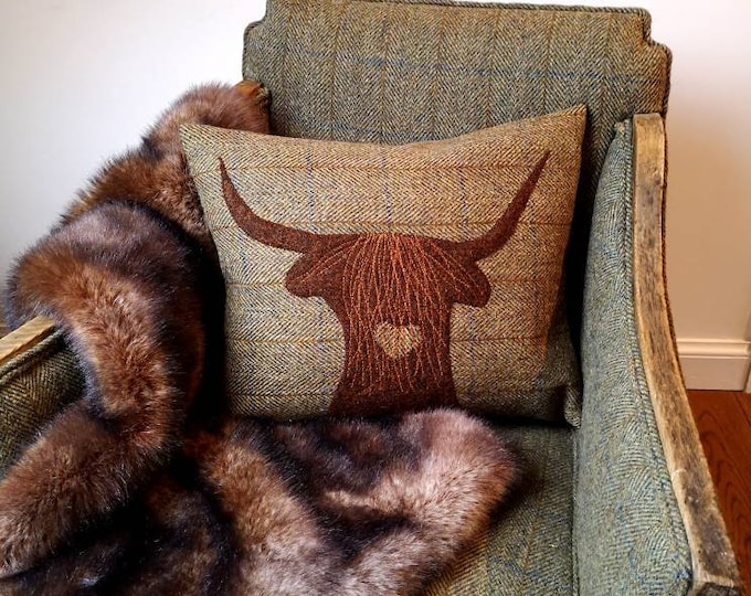 Hand Crafted Harris Tweed Highland Cow embroidered Cushion cover