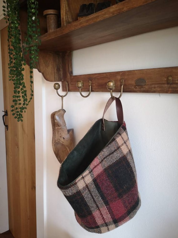 Harris Tweed storage solution, basket with real leather handle