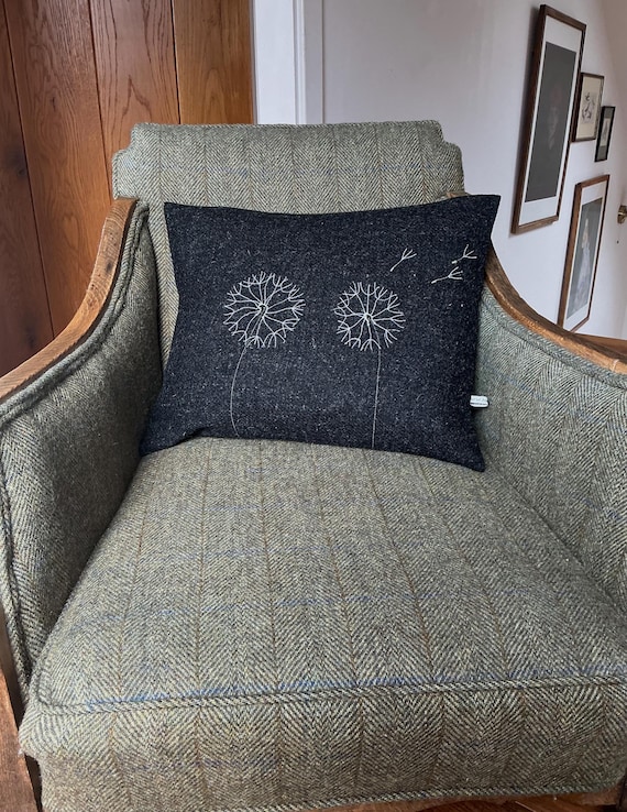Hand Crafted Harris Tweed charcoal grey embroidered cushion cover