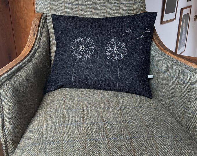Hand Crafted Harris Tweed charcoal grey embroidered cushion cover