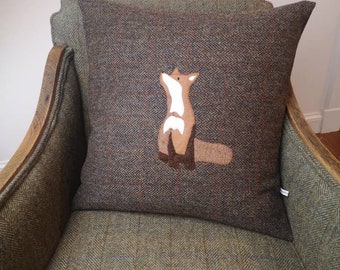 Harris Tweed fox embroidered cushion cover