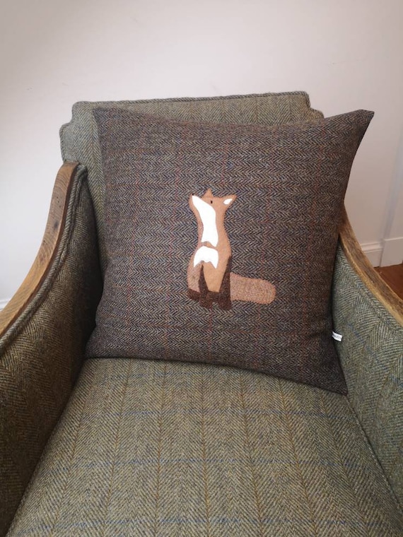 Harris Tweed fox embroidered cushion cover