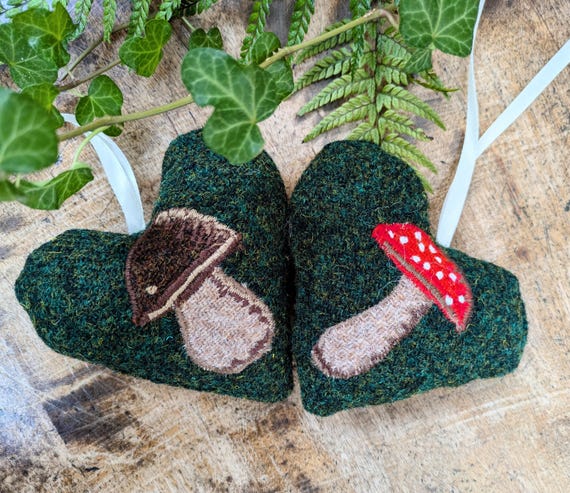 New mushroom Harris Tweed hanging heart decoration