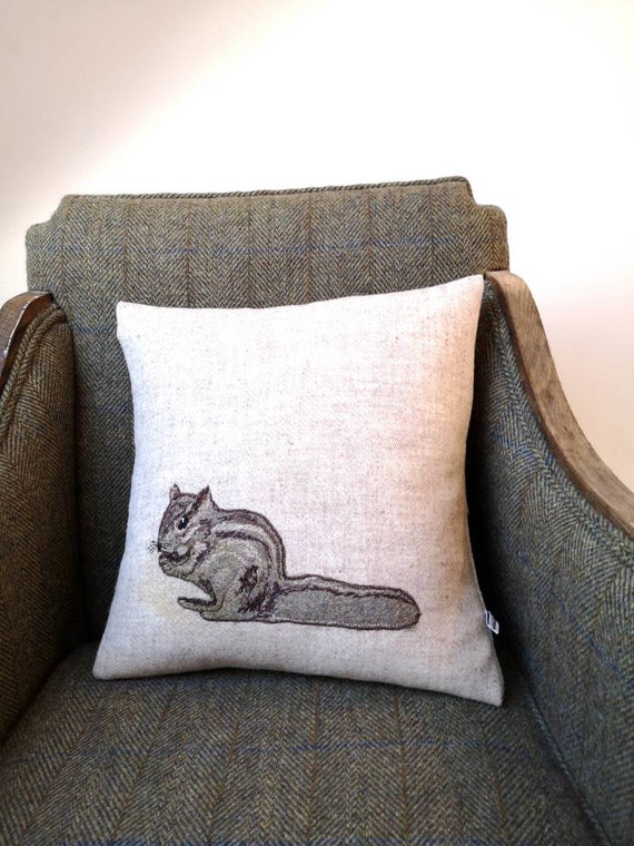 Hand Crafted Harris Tweed chipmunk embroidered Cushion cover