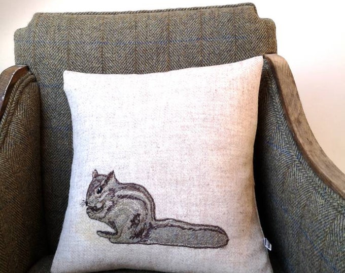 Hand Crafted Harris Tweed chipmunk embroidered Cushion cover