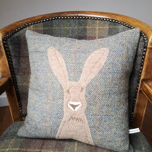 Hand crafted Harris Tweed Hare embroidered cushion cover